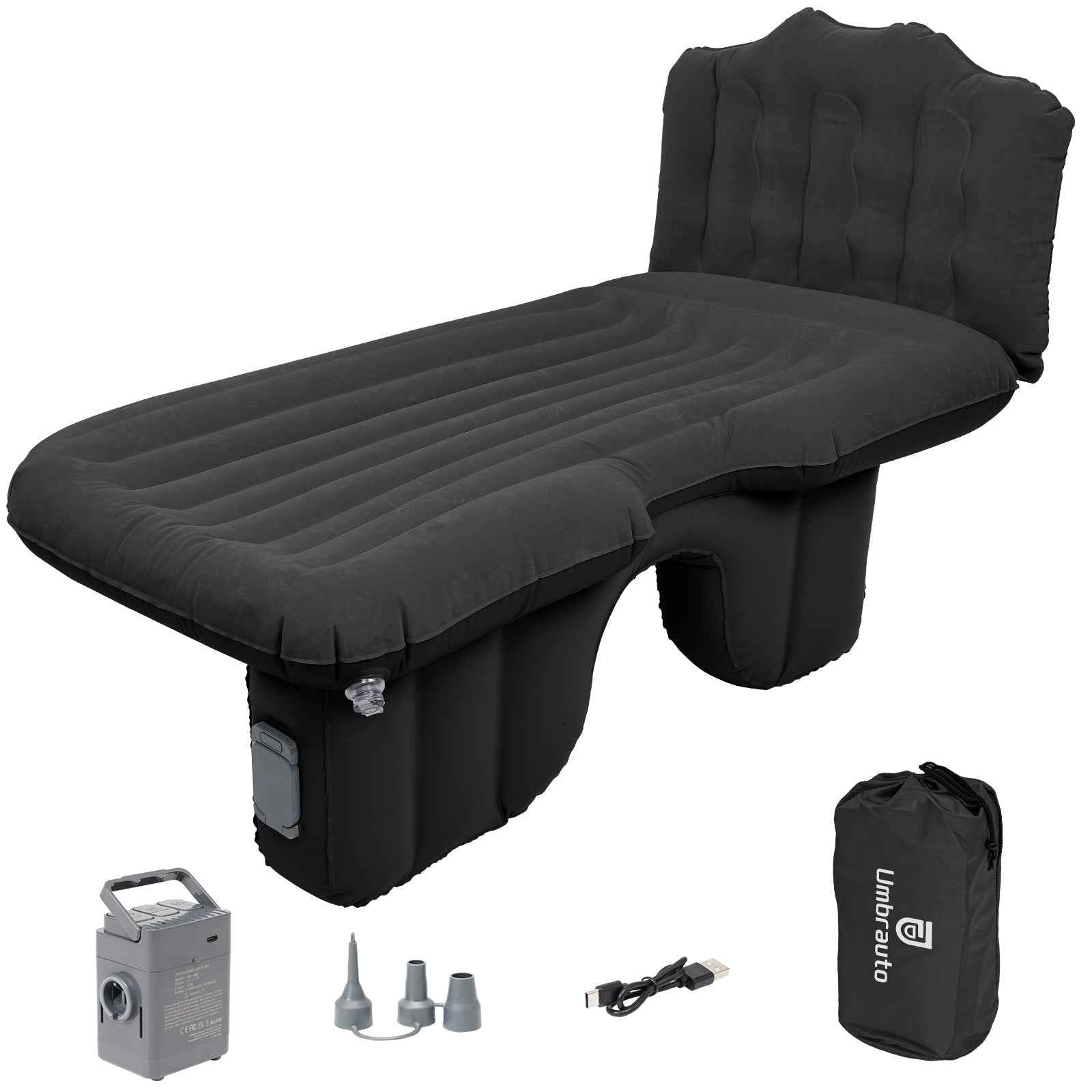 Umbrauto Back Seat Car Air Mattress with Built-in Rechargeable Pump: Cordless Inflatable Car Bed for Rear Seat Camping, 1-Click Fast Setup Thickened Flocking Sleeping Pad for Sedan, Truck & SUV