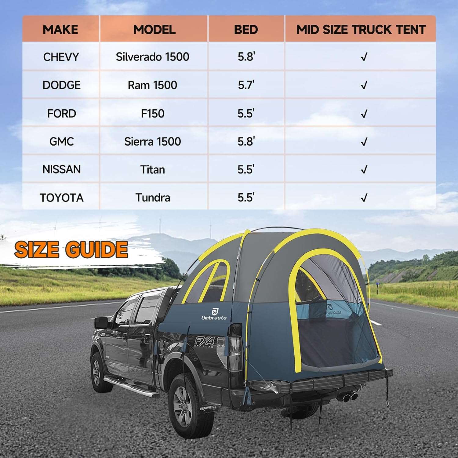 Umbrauto Waterproof Truck Bed Tent – PU3000 4-Season Pickup Camping Tent
