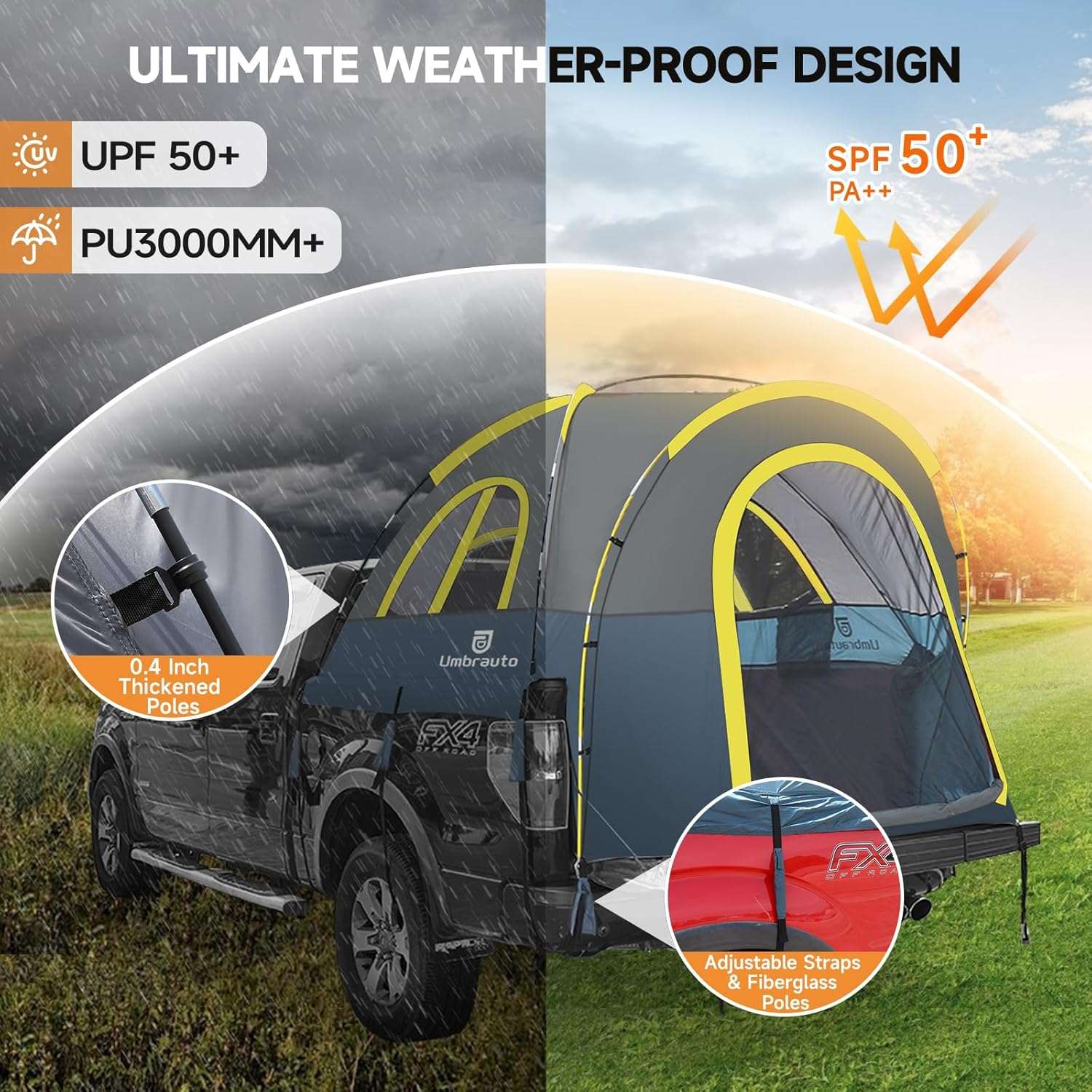 Umbrauto Waterproof Truck Bed Tent – PU3000 4-Season Pickup Camping Tent