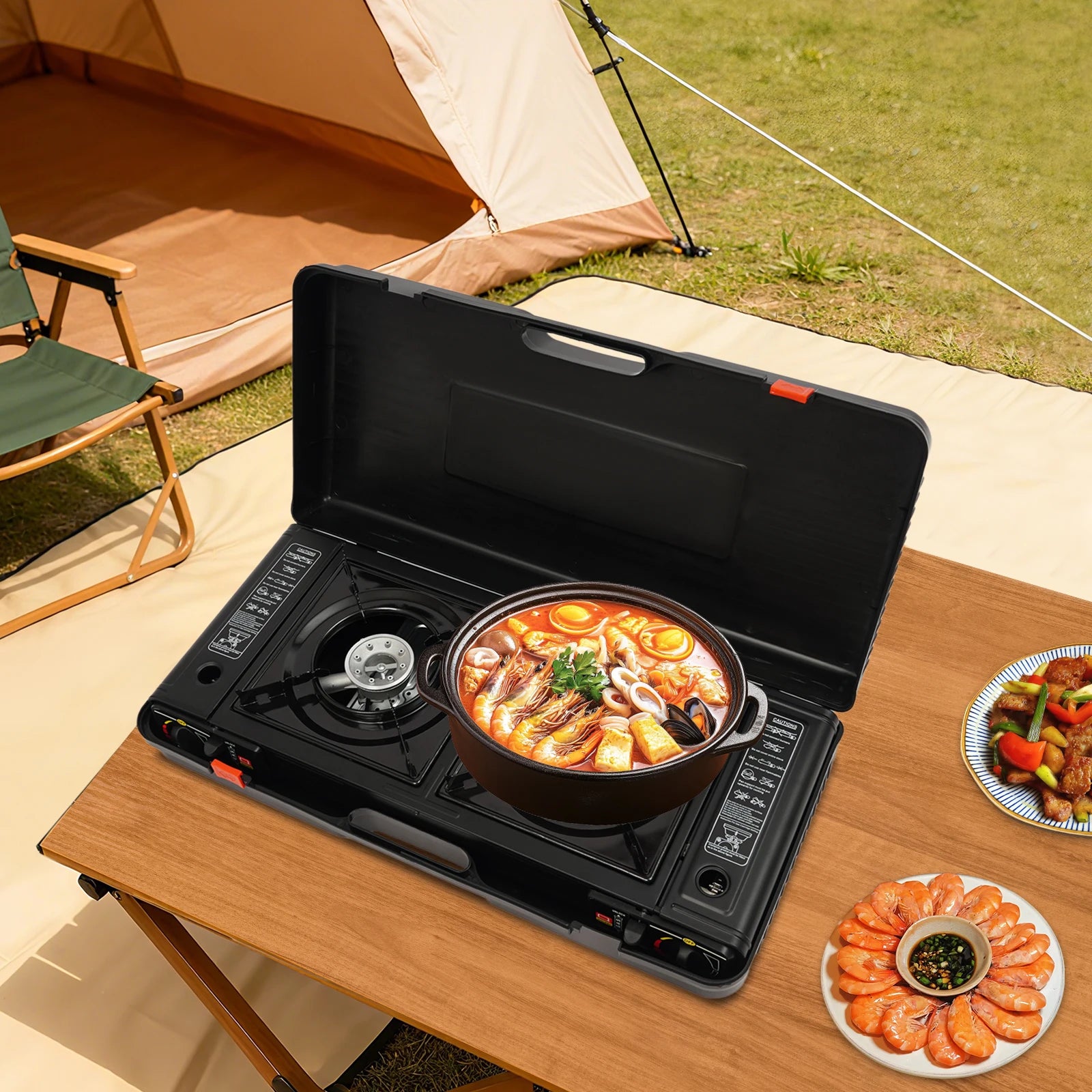2-Burner Portable Camping Stove – 2.5KW Butane/LPG Gas Stove with Griddle & Carrying Case