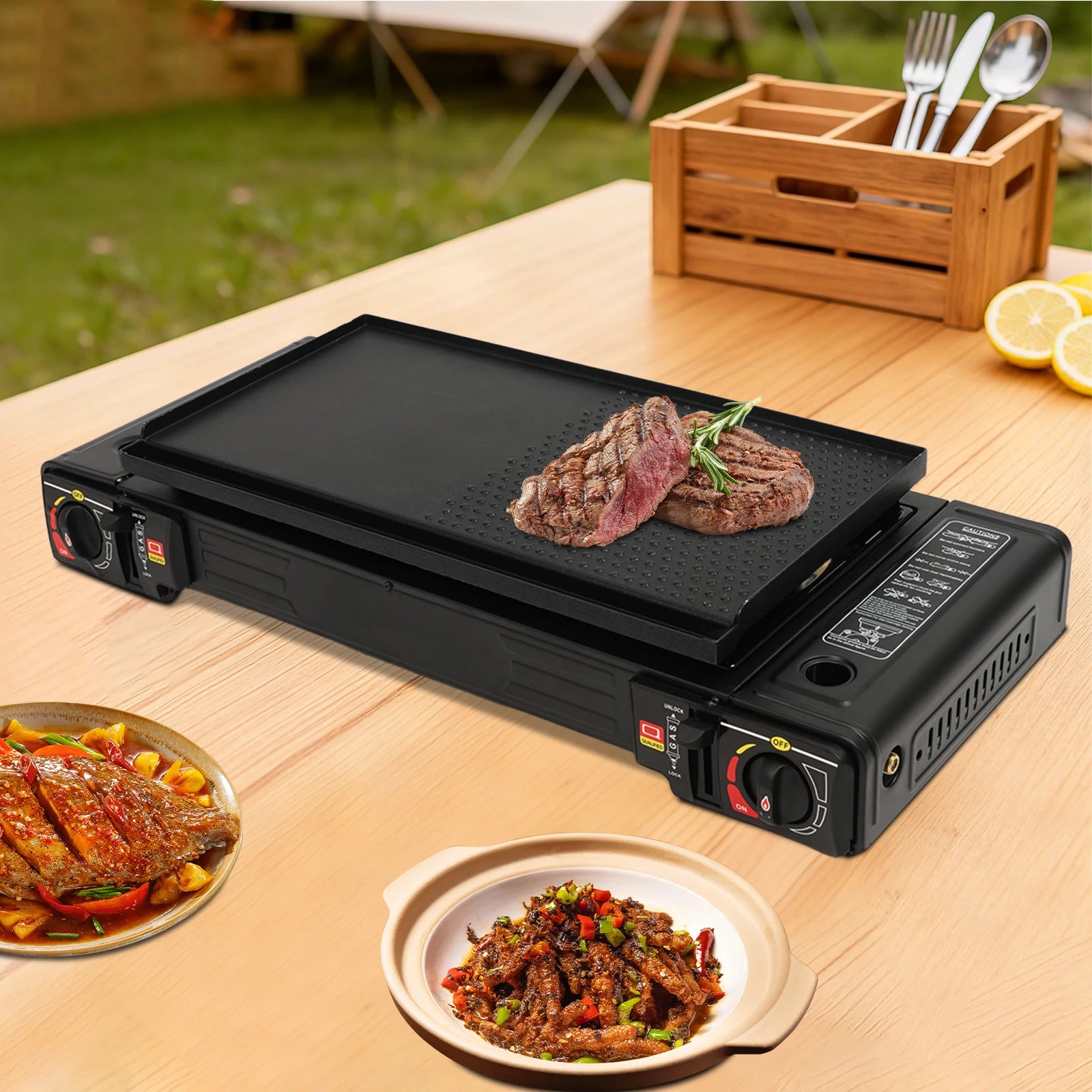 2-Burner Portable Camping Stove – 2.5KW Butane/LPG Gas Stove with Griddle & Carrying Case