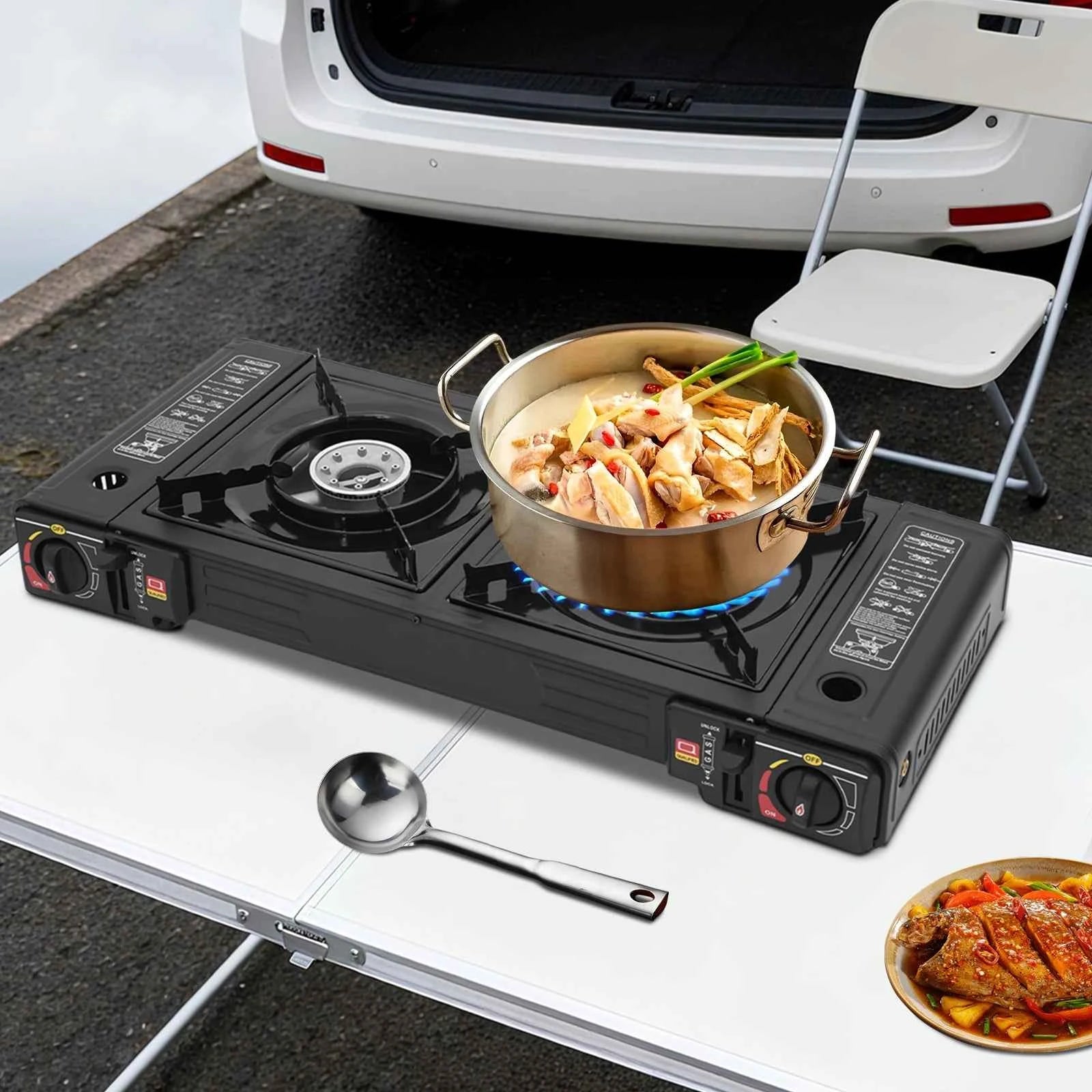 2 Burners Portable Camping Stove, 2.5KW Auto Ignition Butane/LPG Gas Stove w/Baking Tray+Carrying Case for RV Outdoor Picnic BBQ