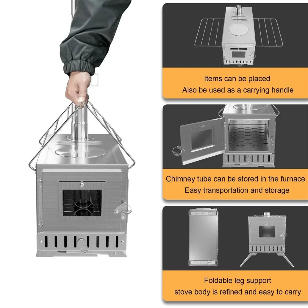 Hot Tent Wood Burning Stove – Portable Stainless Steel Camping Stove with Chimney Kit