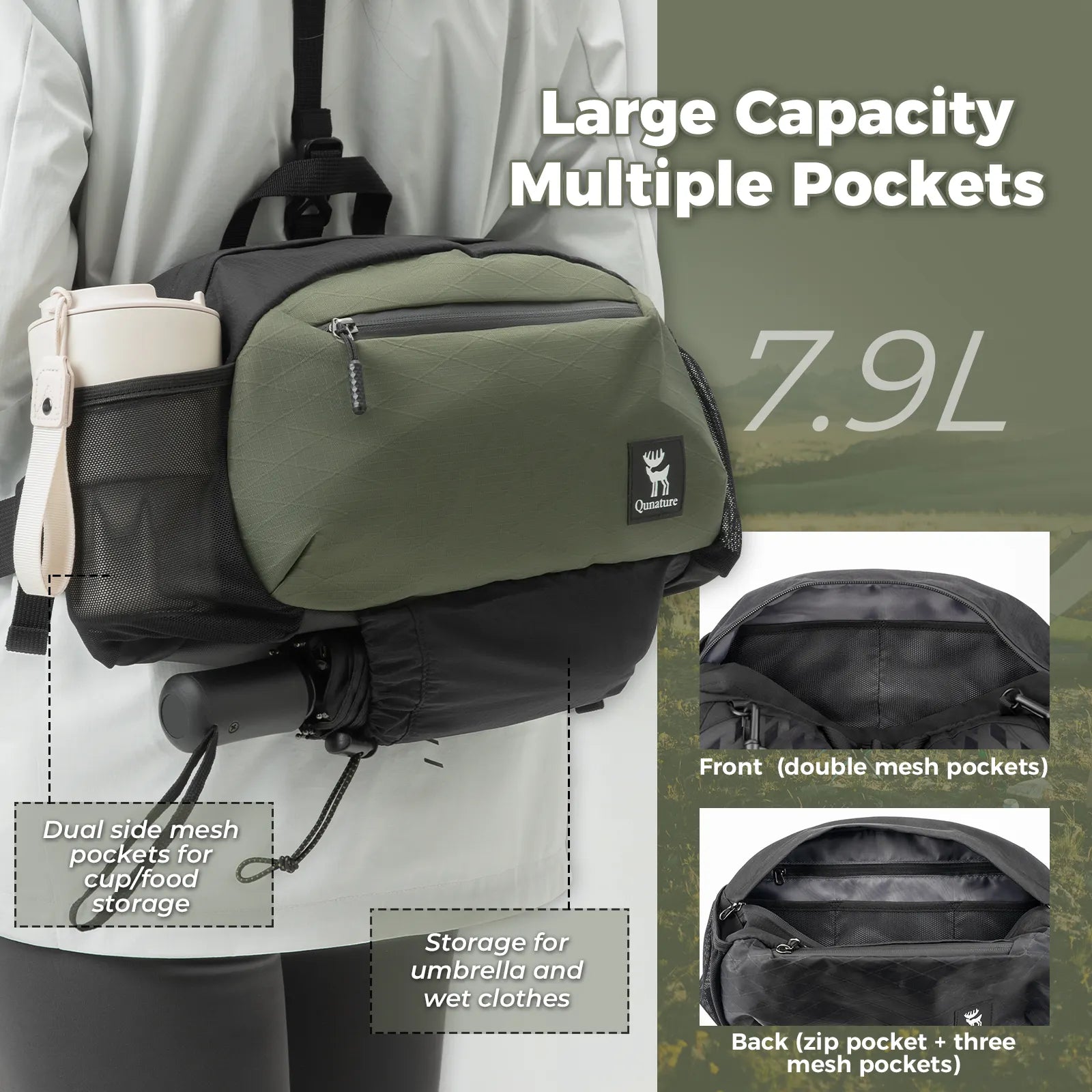Qunature Lightweight Outdoor Sling Pack & Waist Bag – 7.9L