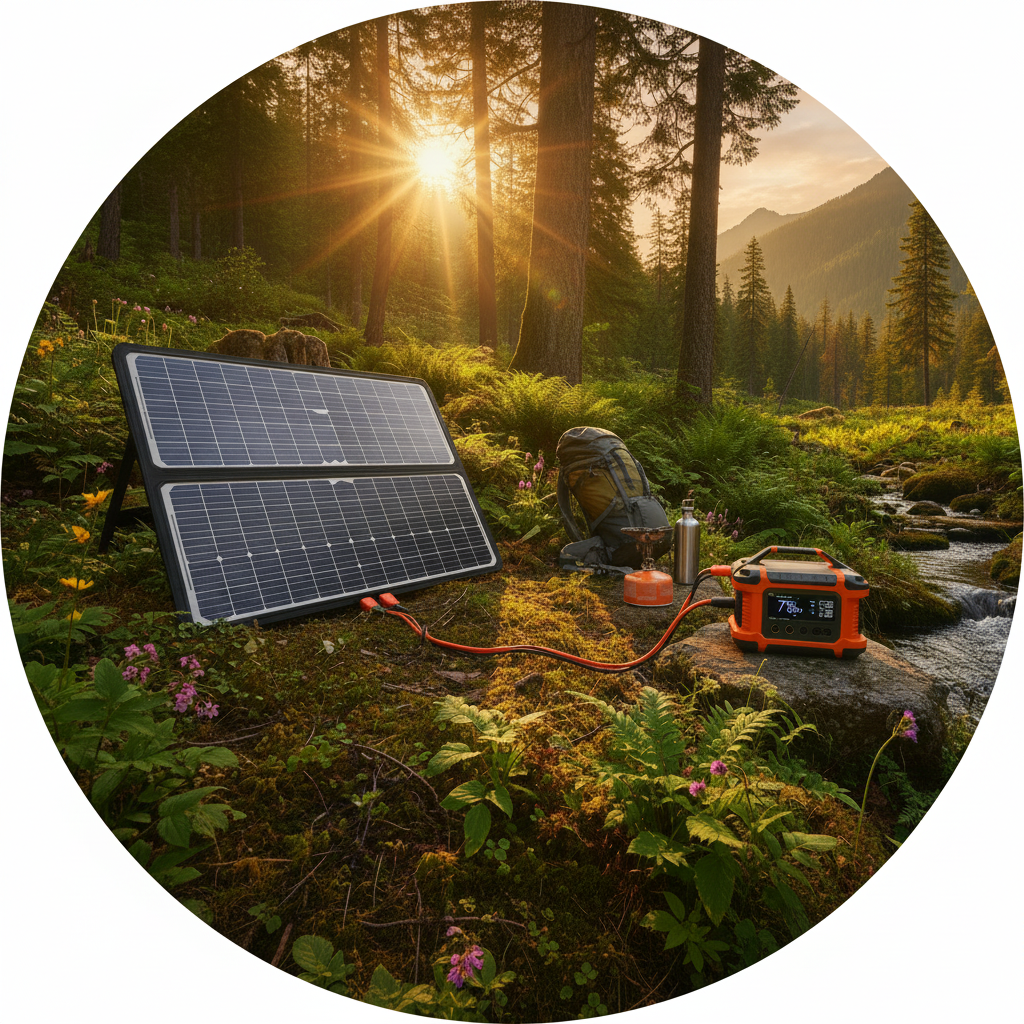 Solar panels charging a device in a forest setting with a stream and sunset.